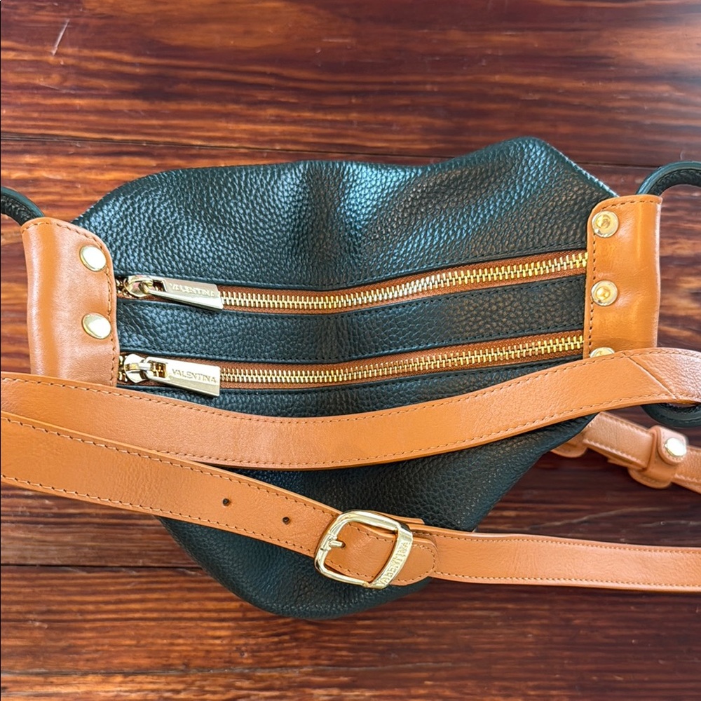 Valentina Italy Black & Tan Pebbled Leather Backpack Purse NWOT - Picture 3 of 10